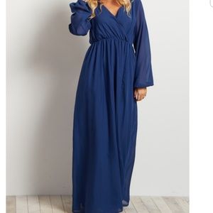 Navy Blue Solid Chiffon Long Sleeve V-neck Maxi Dr